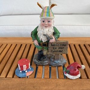 Vintage “Welcome to our Gnome” Statue - Gnome Figure - 3 Holiday Hats